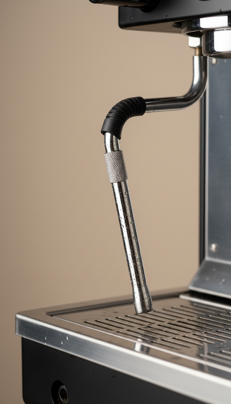 A close-up of a pristine, chrome steam wand with a precision-knurled grip attached to a modern commercial espresso machine, tiny droplets of water clinging to the metal. The wand is set against a smooth, neutral-toned backsplash and a perfectly clean stainless drip tray. Balanced ambient studio lighting highlights the intricate textures and subtle reflections, producing faint, defined shadows beneath the wand. The image is sharply focused with a shallow depth of field, centering the steam wand while softly blurring the background for a contemporary, minimalist effect. The mood is calm and sophisticated, underlining meticulous care in espresso machine servicing and repair.