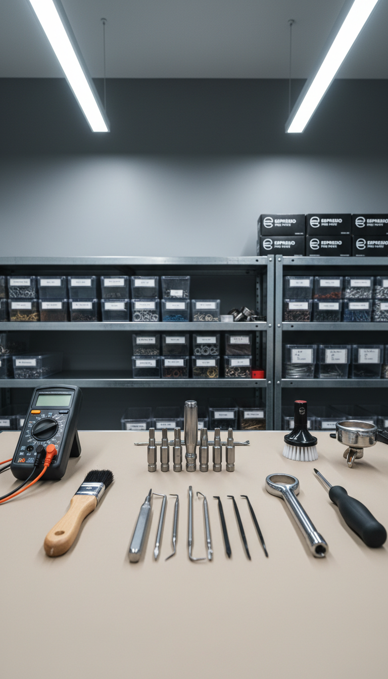 An assortment of high-quality espresso machine maintenance tools—precision screwdrivers, gasket picks, a fine-bristle brush, and digital multimeter—arranged symmetrically atop a spotless, light taupe service mat in a neutral, well-lit workspace. Behind the tools, shelves stocked with neatly organized replacement parts and branded packaging reinforce the shop’s professionalism. Cool, even daylight-mimicking LED lighting ensures every instrument is rendered in sharp, true-to-life detail. The photo is shot from a slightly elevated, centered angle with a balanced, structured composition, giving the impression of readiness, technical competence, and care. The style reflects clean lines and a photographic, modern corporate ambiance, ideal for communicating expertise in espresso machine repair services.