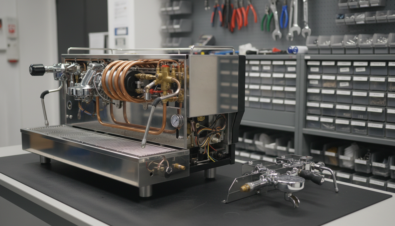 A meticulously opened commercial espresso machine, revealing intricate copper tubing, clean stainless panels, and precision-engineered components on an inspection bench adorned with a non-reflective, dark graphite mat. In the background, neatly labeled tool drawers and organized spare parts create a sense of expert efficiency. The lighting is soft, neutral LED, casting gentle highlights and clearly illuminating the internal machine structure without harsh glare. The scene is composed with a rule-of-thirds layout and a slight depth of field to emphasize the exposed machinery, evoking a sense of technical mastery, clarity, and trust. The image is rendered in a clean, photographic style, reinforcing a professional, structured business image.