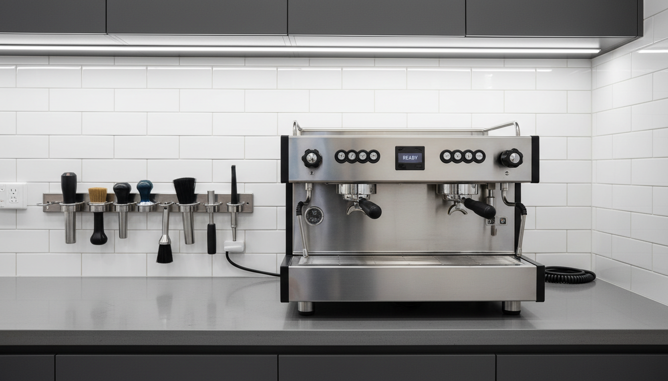 A sleek, commercial-grade stainless steel espresso machine with a high-gloss, brushed metal surface and precision-milled knobs, positioned on a spotless, solid gray countertop inside a modern service workshop. The workspace is organized, featuring neatly arranged tools and a backdrop of meticulously clean, white tile walls. Overhead, cool diffused LED lighting casts even, neutral illumination, creating subtle highlights that accentuate the clean lines of the machine and workspace. The mood is professional and efficient, evoking a sense of reliability and expertise. Captured at an eye-level perspective with balanced composition and crisp focus throughout, the scene embodies a structured, clean, and photographic realism ideal for a corporate repair service setting.